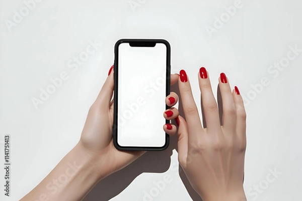 Obraz The image shows a person holding a black smartphone with a white screen. The person is wearing red nail polish.
