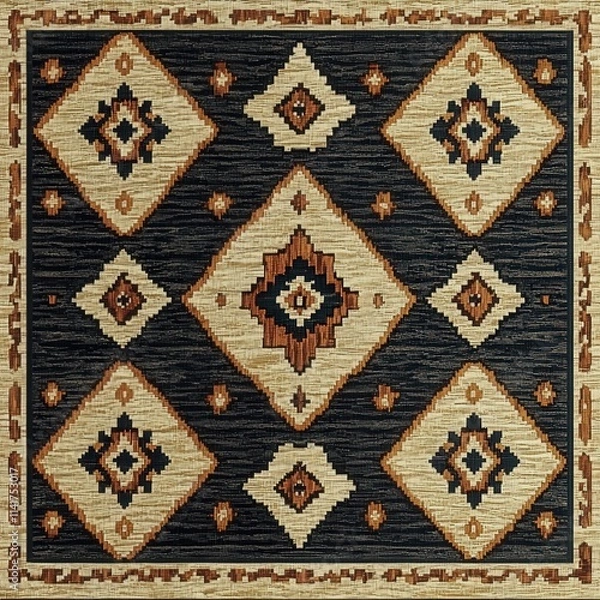 Fototapeta Intricate woven textile featuring geometric patterns in earthy tones against a dark background.
