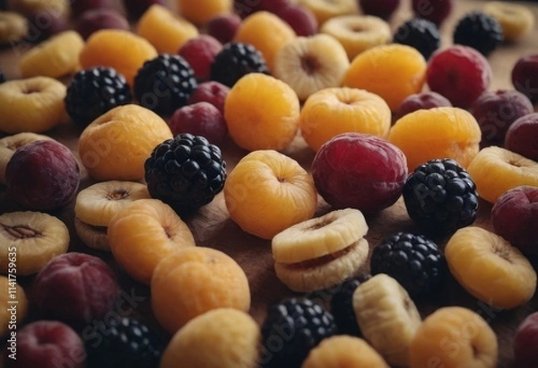 Fototapeta Colorful dried apricots, blackberries, raspberries and blueberries. Generated by AI