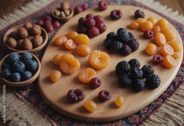 Fototapeta AI generated different kinds of dried fruits on a wooden plate, selective focus.
