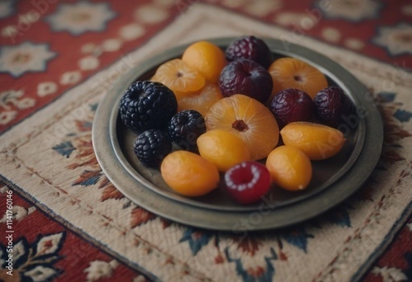 Fototapeta AI generated plate with different fruits on the table. Selective focus.