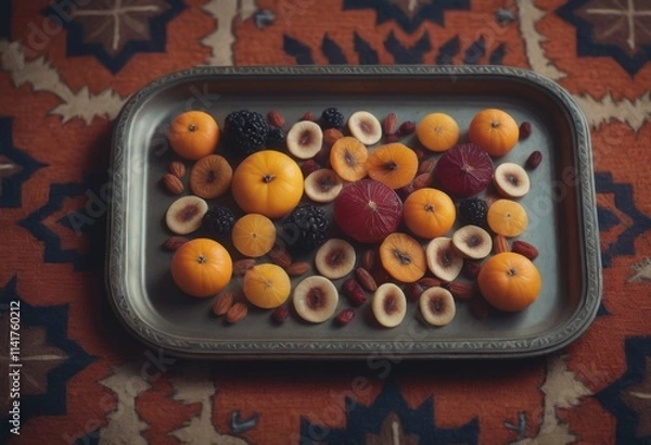 Fototapeta AI generated top view of various fruits and nuts in a tray on a carpet