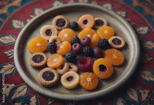 Fototapeta AI generated various types of fruit in a plate on a wooden background.