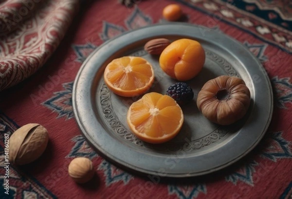 Fototapeta AI generated citrus fruits on a vintage plate. Tangerine, blackberrycot, walnut. Diet