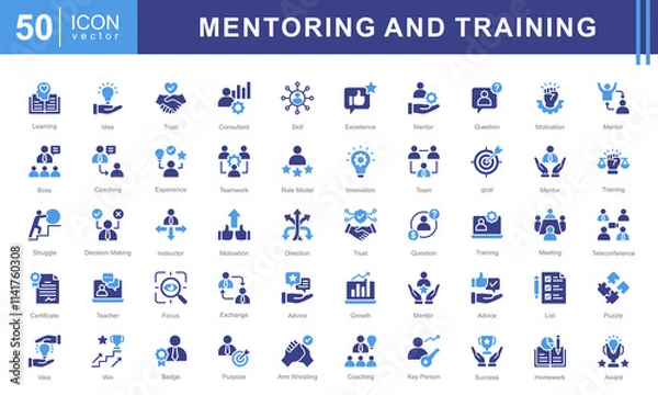 Fototapeta Mentoring and Training icon collection set. Containing development, learning, workshop, coach, mentor, curriculum, seminar icon.