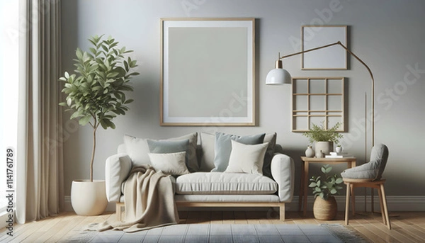 Fototapeta Frame Blank framed poster with a natural wood frame hanging on a wall in a Scandinavian-inspired living ro3