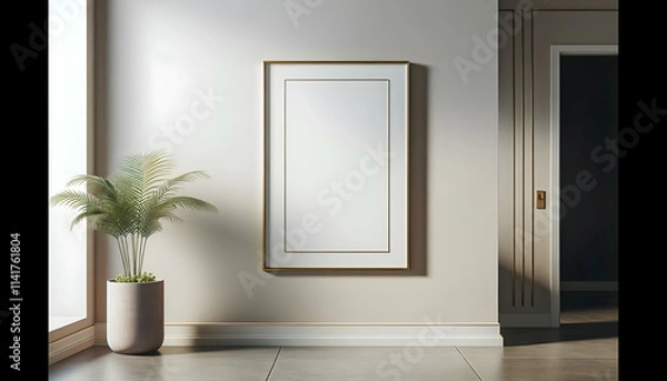 Fototapeta Frame Blank framed poster with a thin brass frame on a gallery wall in a modern hallway