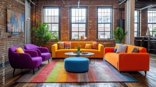Fototapeta A lively seating arrangement features orange and purple couches, surrounded by greenery. The colorful rug adds warmth to the open urban loft, filled with natural light