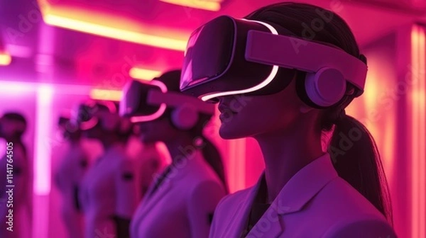 Fototapeta In a captivating environment illuminated by dynamic colors, a group of individuals engages with advanced virtual reality gear, exploring new digital realms with awe and excitement