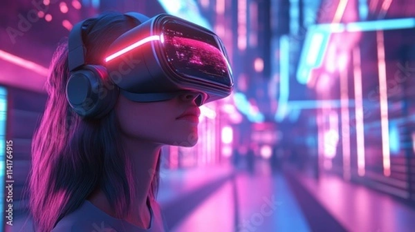 Fototapeta A young woman immerses herself in a captivating virtual reality experience, surrounded by glowing neon lights and futuristic architecture, showcasing the blend of technology and creativity