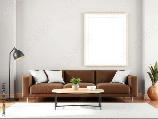 Fototapeta A mockup of a living room wall art featuring a frame with a preview of the artwork, wall art, empty, design