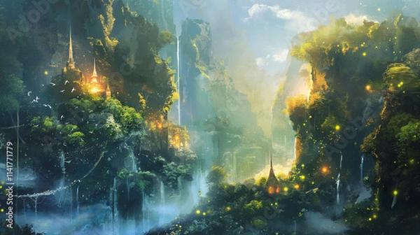 Fototapeta 静寂の森と滝の美しいイラスト