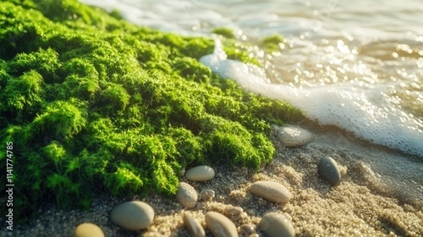 Fototapeta A close-up of vibrant green sea moss growing on small pebbles and rocks on the beach, with gentle waves washing over them. The textures of the moss, sand, and stones create a rich.