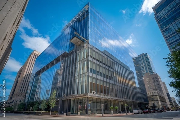 Fototapeta exterior of a magnificent office building in the city, low angle view of tall buildings.