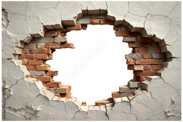 Obraz Cracked Brick Wall With Large Hole Isolated on Transparent Background