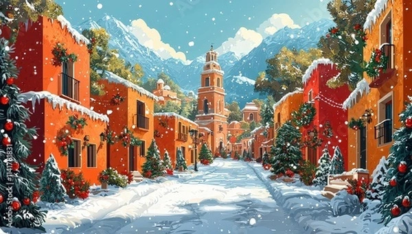 Fototapeta A cartoon-style Christmas background illustration of an ancient Spanish town with decorated buildings, a clear sky, and a snowy landscape. 