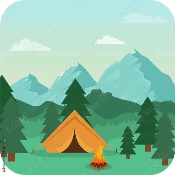 Fototapeta Camping in the mountains, camping icon with a tourist tent and a campfire on a mountain landscape background. Vector, cartoon illustration. Vector.