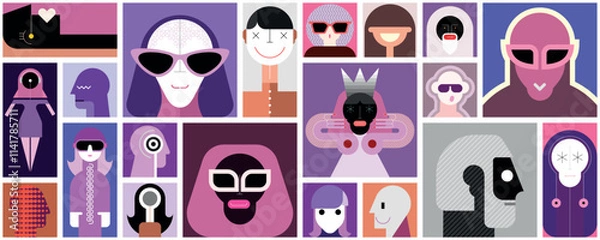 Obraz Collage of people portraits. Geometric style icons and character designs. Tileable wallpaper, can be used as seamless background.  