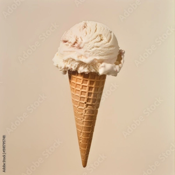 Fototapeta A single scoop of creamy vanilla ice cream with swirls of red sits atop a crispy waffle cone against a soft beige background.