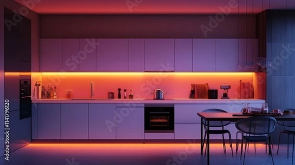 Fototapeta A minimalist kitchen with soft white ambient lights, under-cabinet task lighting, and bold colored accent lights creating a cozy atmosphere.