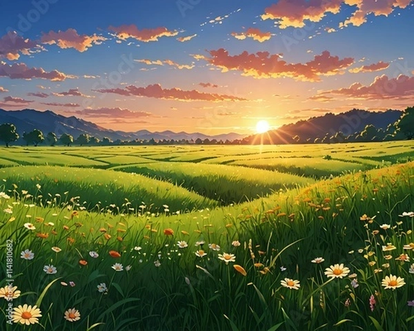 Obraz Serene Sunset Over a Lush Meadow