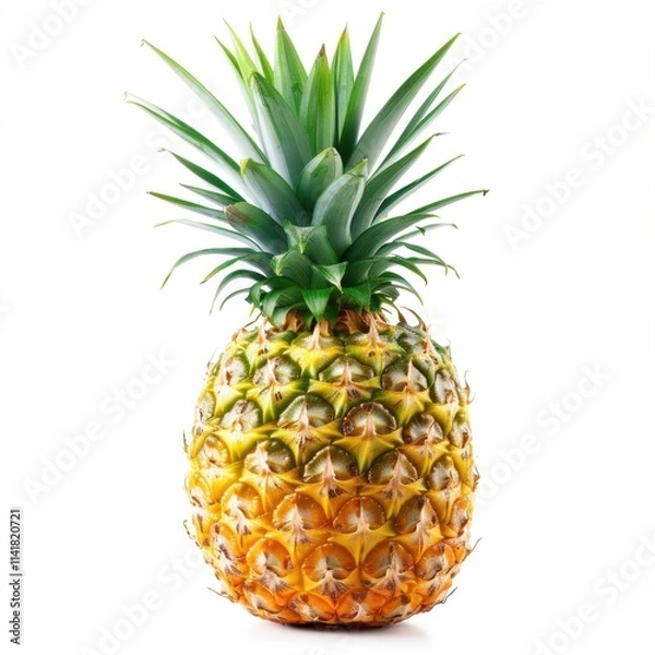 Fototapeta pineapple, a whole pineapple. It has a rough, textured skin with a pattern of hexagonal shapes. The skin is mostly yellow with some green areas, indicating ripeness