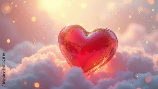 Fototapeta Heavenly glossy red heart with gold accents glowing on a heart cloud under pastel dreamy skies, surrounded by sparkles, generative, ai