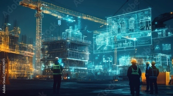 Fototapeta Construction project overview urban environment digital visualization nighttime futuristic concept