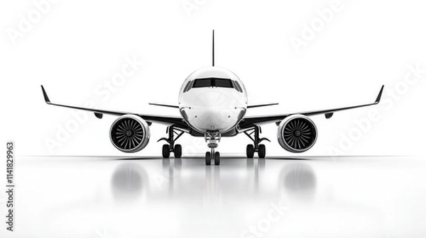 Fototapeta A modern airplane with large engines and a prominent nose is shown in a front view against a clean white background