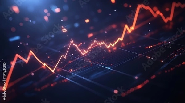 Fototapeta A close-up of a digital graph with sharp, glowing lines representing a rising stock trend, set against a dark, high-tech background. 
