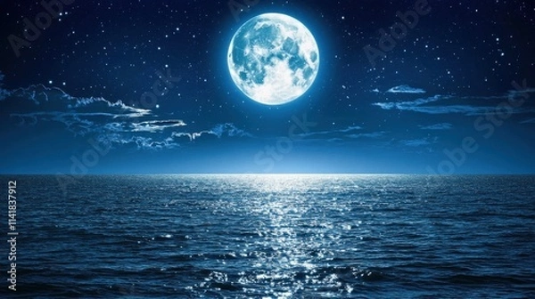 Fototapeta Full Moon Over Calm Ocean Night Sky Stars