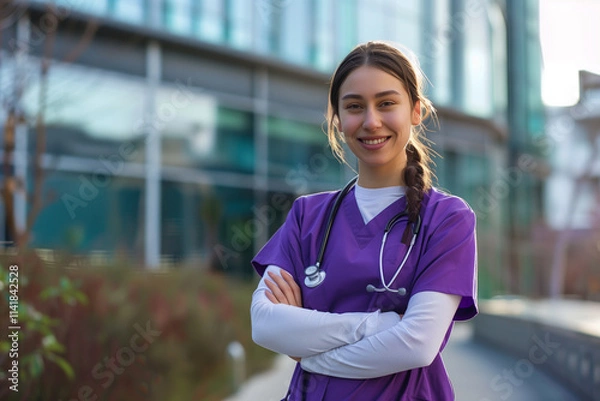 Fototapeta A young white nurse standing in front of the hospital, wearing purple scrubs and a white long sleeve with a stethoscope around her neck