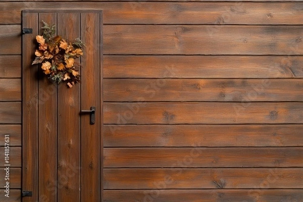 Obraz A feather wreath hanging on a rustic wooden door, symbolizing elegance and simplicity in an autumnal setting
