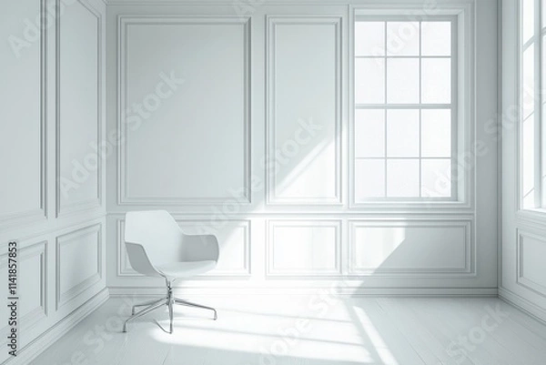 Fototapeta An empty office room, white walls with one window, bright light from the window, minimalist style
