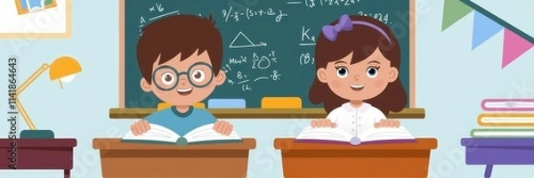 Fototapeta Two Children Studying Together In A Classroom Setting