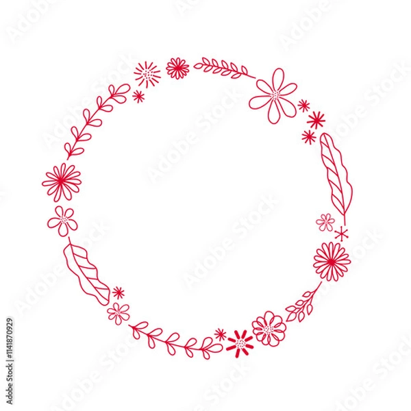 Fototapeta Vector illustration of hand drawn floral wreath. Ink drawing, round frame of graphic style, beautiful simple wedding design element isolated on a white background.