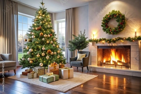Fototapeta Stylish Christmas decor: fireplace, tree, and presents perfectly arranged for a holiday photo.