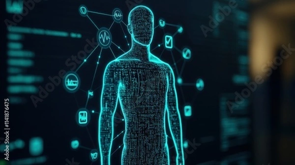 Fototapeta Digital health info and history visualization of human anatomy in a technology-focused environment