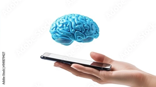 Fototapeta Human hand holding a smartphone with a blue brain illustration floating above it, symbolizing technology and artificial intelligence. Isolated on white background