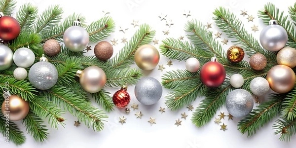 Fototapeta Baubles and sparkles create a festive composition on Christmas tree branches during the holiday season