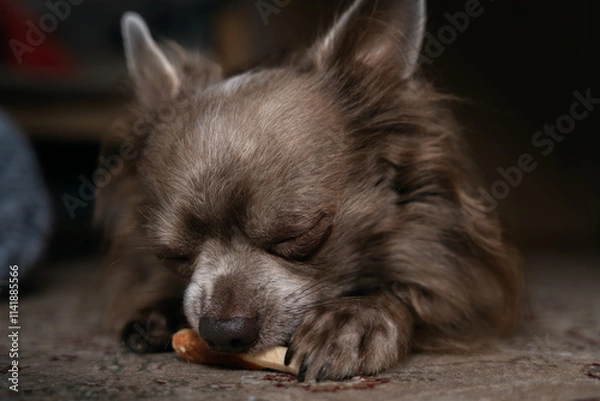 Fototapeta Lilac cute longhair chiwawa eating "sweets", close-up
