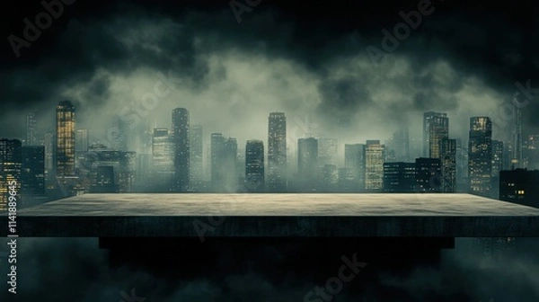 Fototapeta A misty urban landscape at night showcases a dramatic skyline with illuminated skyscrapers, The empty platform in the foreground offers a sense of depth