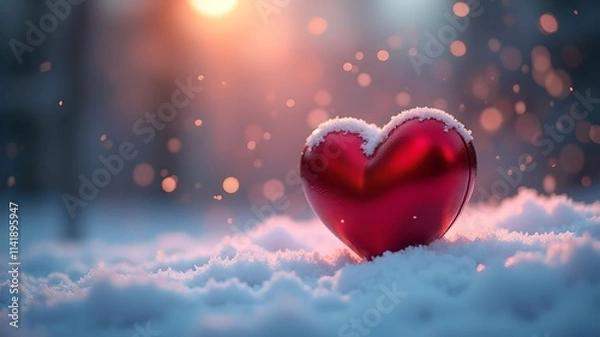 Fototapeta Valentine with heart on snow background and place for text, bokeh
