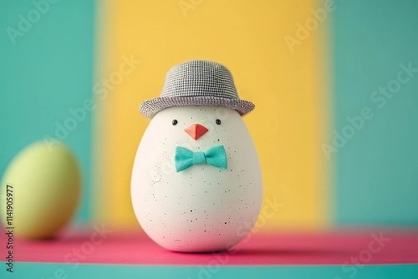 Fototapeta A delightful egg figure adorned with a bow tie and hat, set against a bold, contrasting background.