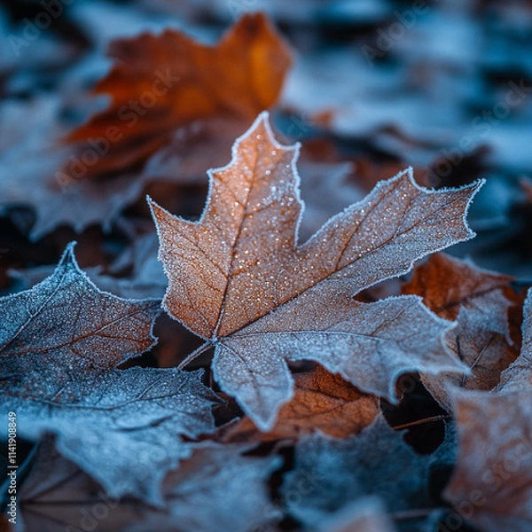 Fototapeta Frost-covered Autumn Leaves on the Ground Create a Stunning Natural Display of Colors and Textures in a Tranquil Outdoor Setting