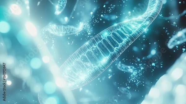 Fototapeta scientific visualization of CRISPR technology, showing edited DNA strands with glowing highlights where precision cuts occur, 16:9