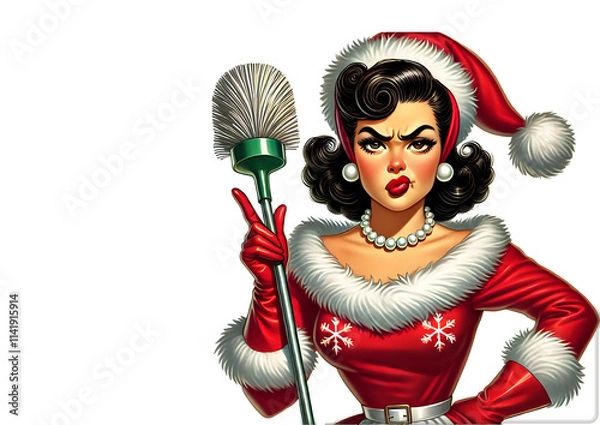 Fototapeta Funny Pin-up Housewife in Red Christmas outfit with grumpy face