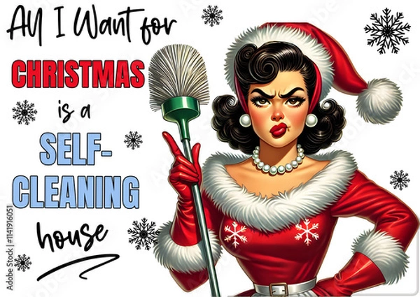 Fototapeta Funny grumpy housewife in red Christmas dress with dust brush, all I want for Christmas is a self-cleaning house