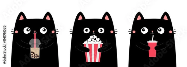 Fototapeta Cat set. Popcorn, bubble milk tea, soda. Kitten watching movie. Cute cartoon funny character. Film show. Cinema theater. Kids sticker print. Childish style. White background. Flat design Vector