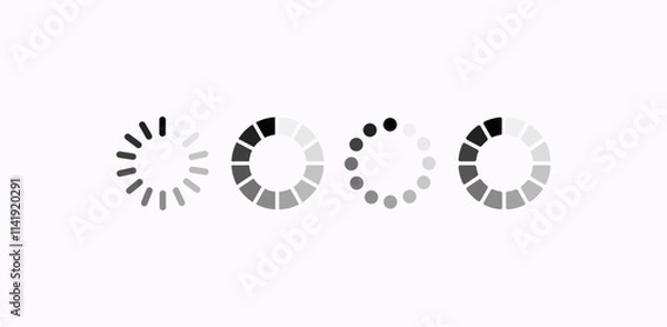 Fototapeta Four loading icons with unique designs, commonly used in digital interfaces to show ongoing processes or data loading. The icons include circles, segments, and dots.